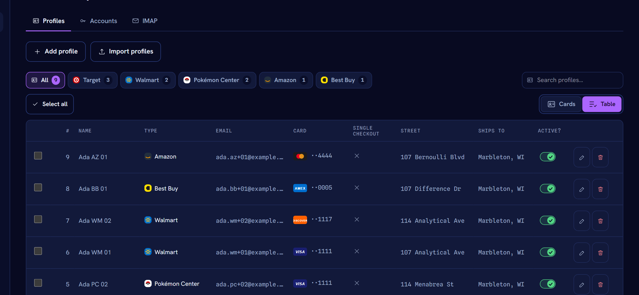 A member's own console: tabs for Profiles, Accounts and IMAP, buttons to add or import profiles, and their profiles table with retailers, payment method and availability switches.